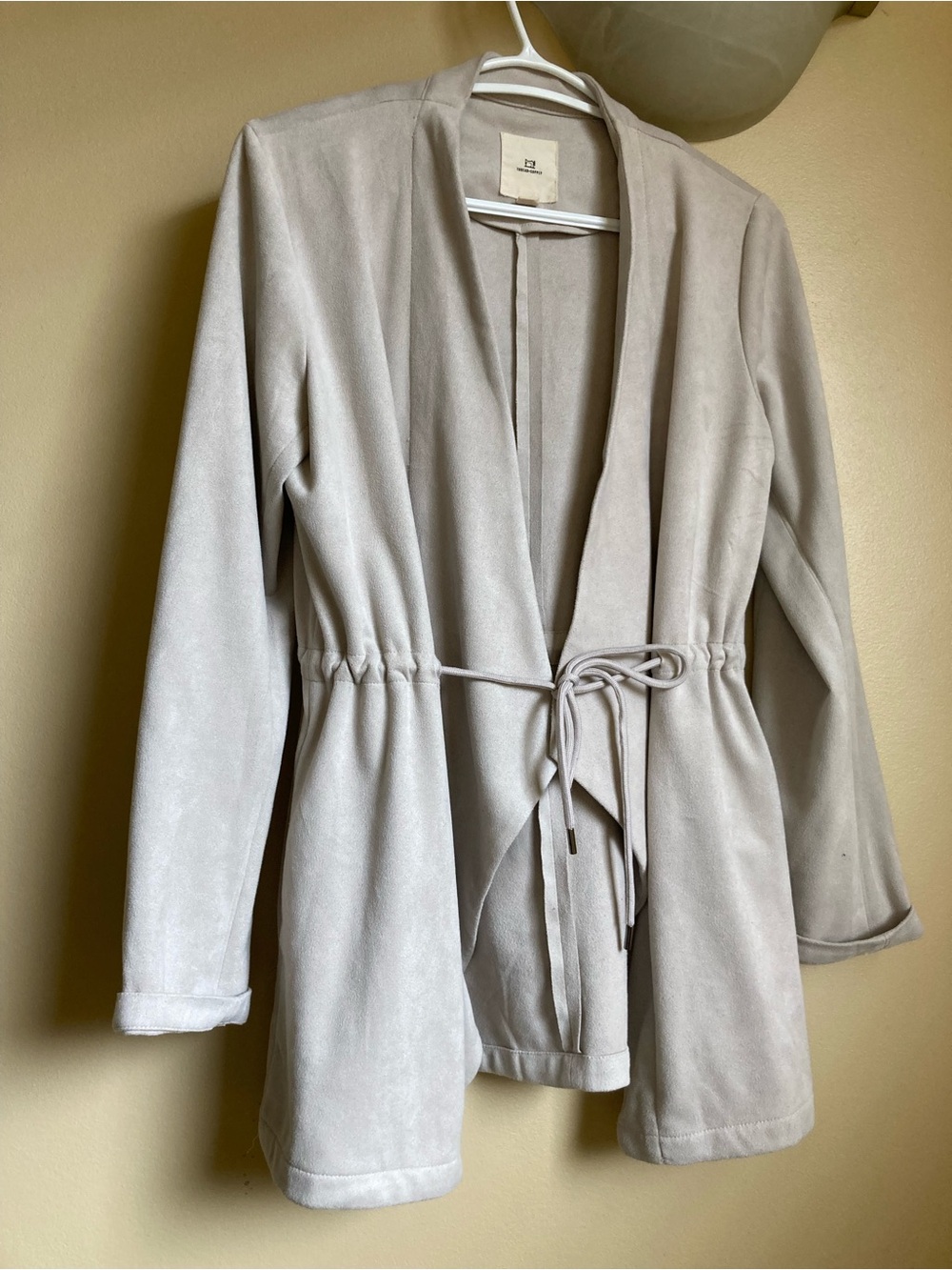 Suede feel tie waistband neutral bone Tie-Waist Plush blazer Jacket S 4/6